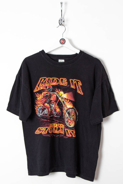 "Ride It Like You Stole It" Single Stitch Flame Graphic T-Shirt (S)