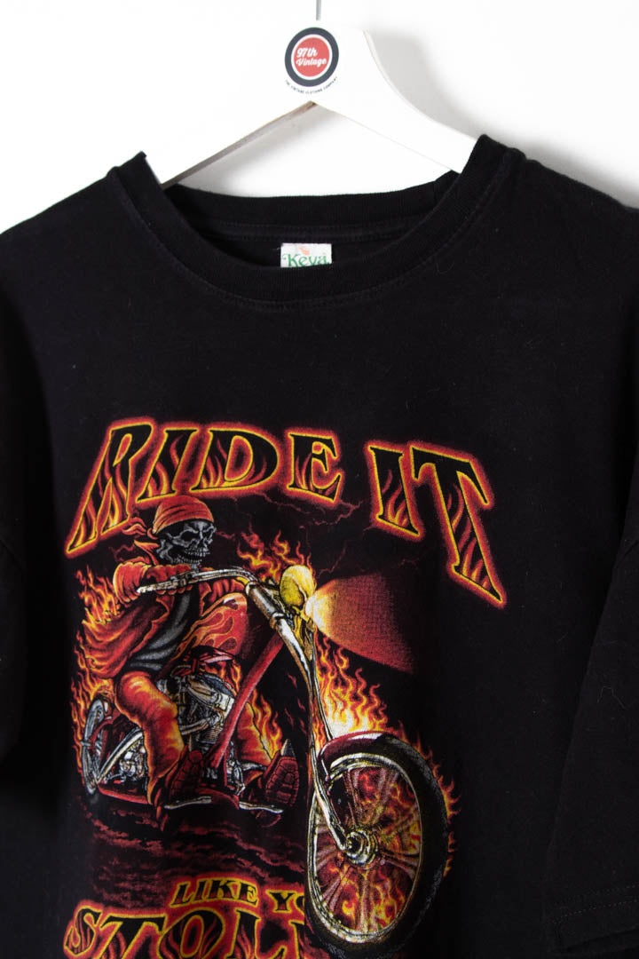 "Ride It Like You Stole It" Single Stitch Flame Graphic T-Shirt (S)