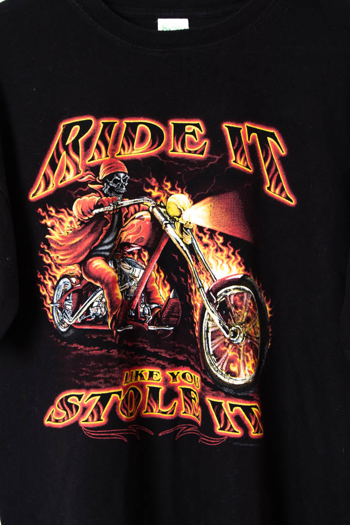 "Ride It Like You Stole It" Single Stitch Flame Graphic T-Shirt (S)